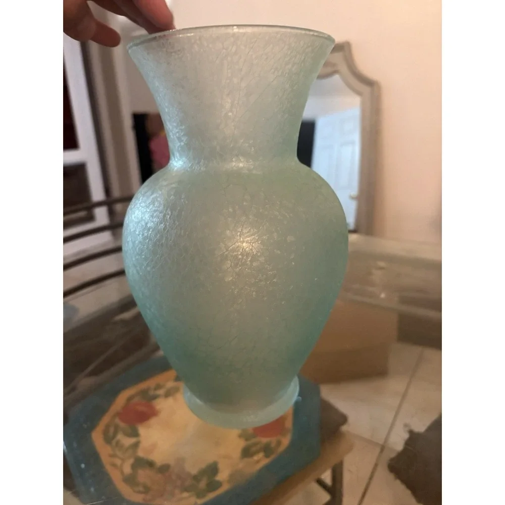 VTG Hand Blown Crackle Glass Vase Light Aqua Teal Flared Rim 11.5